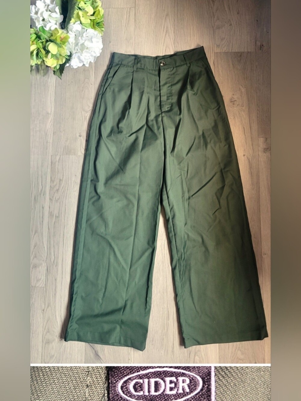 Cider Olive Green Casual Wide-Leg High-Waisted Front Pleated Trousers, Medium